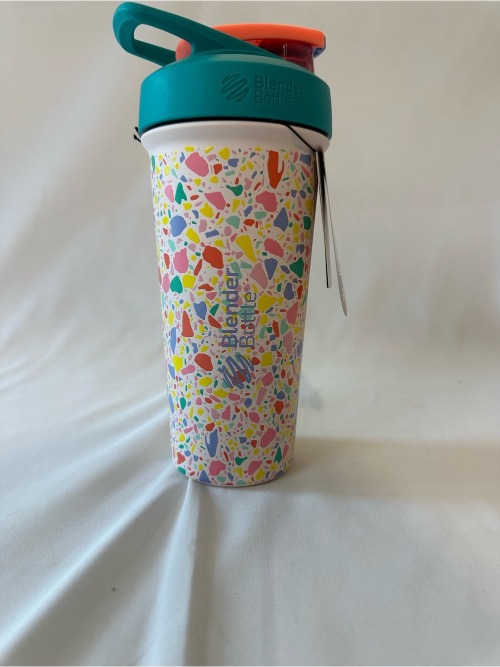 Terrazzo Mixer Bottle with Teal Lid and Coral Cap